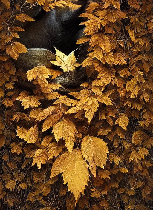 Image similar to golden leaves at frame border, creative!!! composition for a book cover, absurdly beautiful, ultrafine hyperrealistic detailed animal by wlop and artgerm and greg rutkowski, intricate linework, sharp focus, smooth, unreal engine, dramatic lighting, ethereal, 8 k