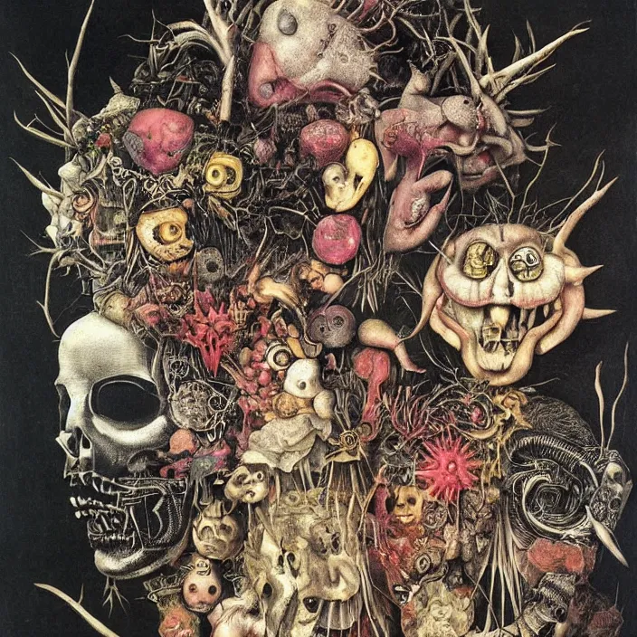 Image similar to post - punk new age album cover, asymmetrical design, magic, apocalypse, psychedelic, highly detailed, black white pink, magic, giger h. r., giuseppe arcimboldo