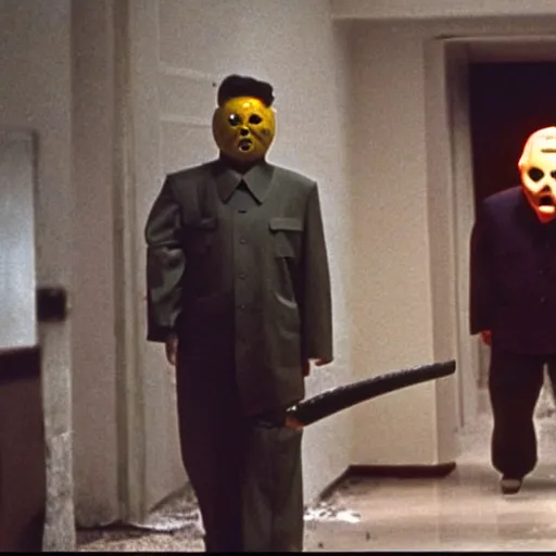 Image similar to a still of Kim Jong-il as Jason Voorhees, north Korean slasher, iconic hockey mask, machete, 35mm film