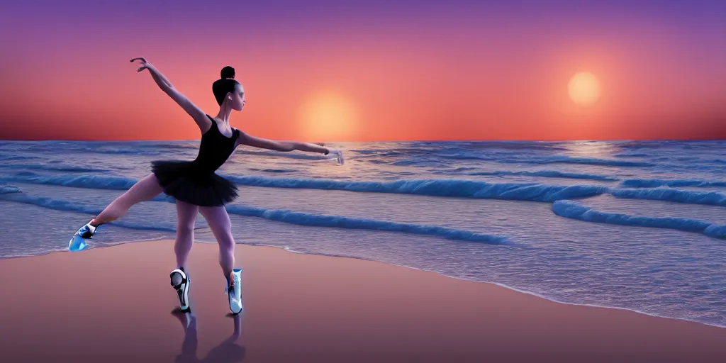 Image similar to a beautiful ballet dancer on a beach at sunrise, cinematic angle, studio Ghibli, volumetric lighting, breathtaking, beautiful composition, intricate, elegant, digital art, detailed, oil painting, hyperrealistic, sharp focus, 8k