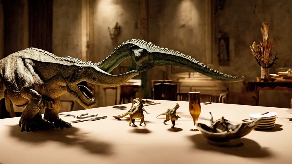 Image similar to the dinosaur sits at a table, made of wax and water, film still from the movie directed by Denis Villeneuve with art direction by Salvador Dalí, long lens, shallow depth of field