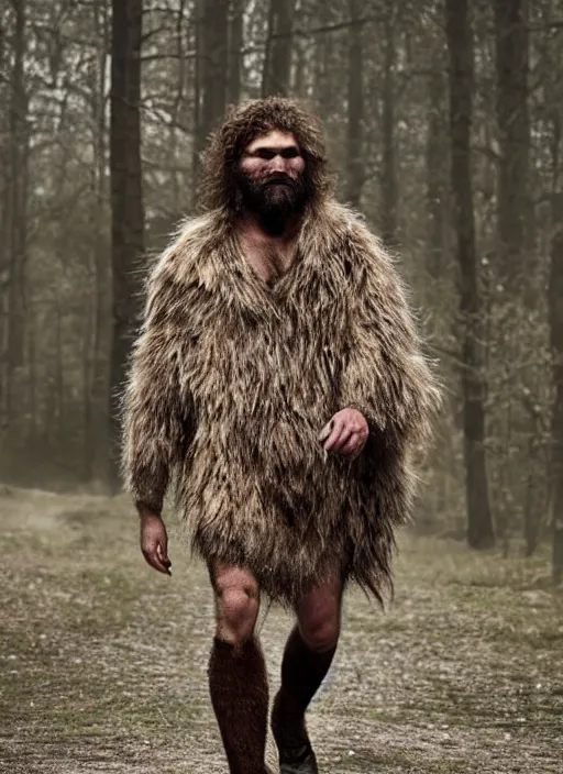 Prompt: Caveman wearing an avant-garde outfit from Carol Christian Poell's winter collection 2022,