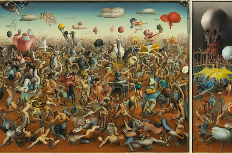 Image similar to a strange battle in an old hospital between old people and babies Robert Williams Yves Tanguy Mark Ryden and Alex Gross, Todd Schorr highly detailed balanced composition golden ratio masterpiece