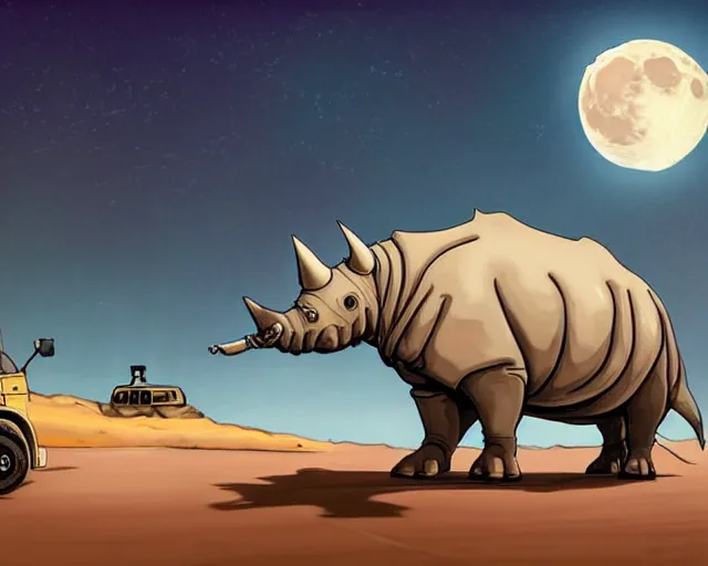 Image similar to a cell shaded cartoon of a lovecraftian mechanized rhino on a desert road, in front of a big moon. illustration, wide shot, very dull muted colors, post grunge, studio ghibli, highly detailed, sharp focus, trending on artstation, hq, deviantart, art by artgem