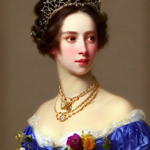 Image similar to an beautiful portrait render of a Queen by Franz Xaver Winterhalter, vivid, trending on artstation, Pinterest, beautiful face, highly detailed, fancy, Romanticism, Rococo