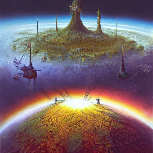 Prompt: a hybrid of the mandelbox and a barren hellscape populated by demons, illustrated by thomas kincade and wayne douglas barlowe and chris foss