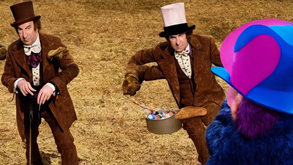 Image similar to saul goodman as Willy Wonka, film still from the movie directed by Denis Villeneuve with art direction by Salvador Dalí, wide lens