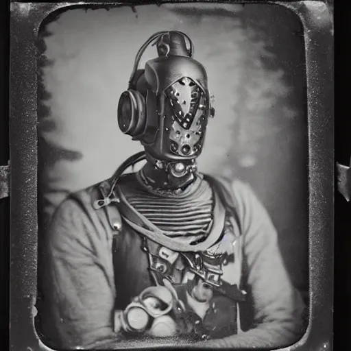 Prompt: tintype photographs of techno shamans, telepaths, dieselpunk cyborgs, masked heroes, irradiated humans, ancient ones, mystic monsters, and monster hunters