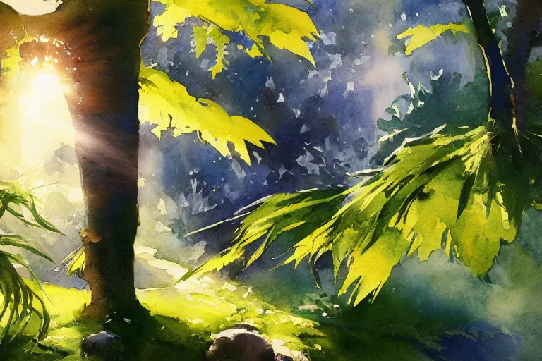 Prompt: small centered on watercolor paper, paint brush strokes, abstract watercolor painting of madeira landscape, sunlight shining through leaf, translucent leaves, cinematic light, national romanticism by hans dahl, by jesper ejsing, by anders zorn, by greg rutkowski, by greg manchess, by tyler edlin