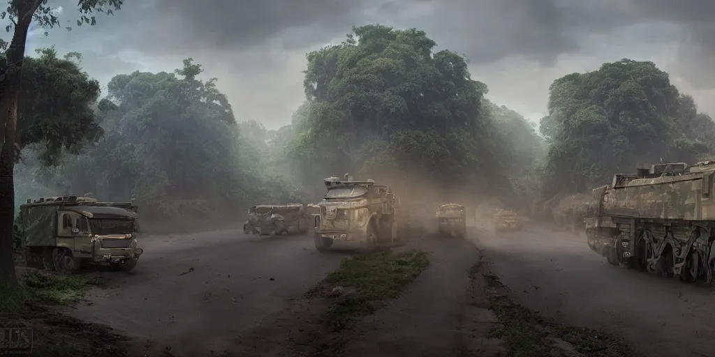 Image similar to kerala village countryside, militarised vehicles moving through, beautiful dynamic lighting, cinematic, wide angle establishing shot, extremely high detail, photo realistic, cinematic lighting, post processed, artstation, matte painting, style by eddie mendoza, raphael lacoste, alex ross, volumetric lighting, light rays, photorealistic, ultrarealistic, moody, coronarender, 8k