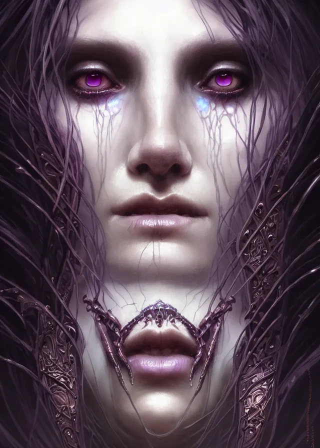 Image similar to Necromancer Sorceress face close-up macro in center, fantasy magic, undercut hairstyle, dark light night, intricate, elegant, sharp focus, illustration, highly detailed, digital painting, concept art, matte, art by WLOP and Artgerm and Greg Rutkowski and Alphonse Mucha, masterpiece