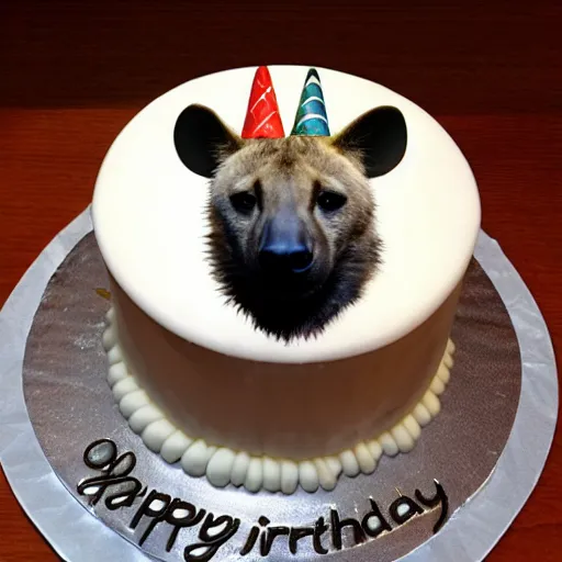 Prompt: birthday cake with a hyena sitting on top