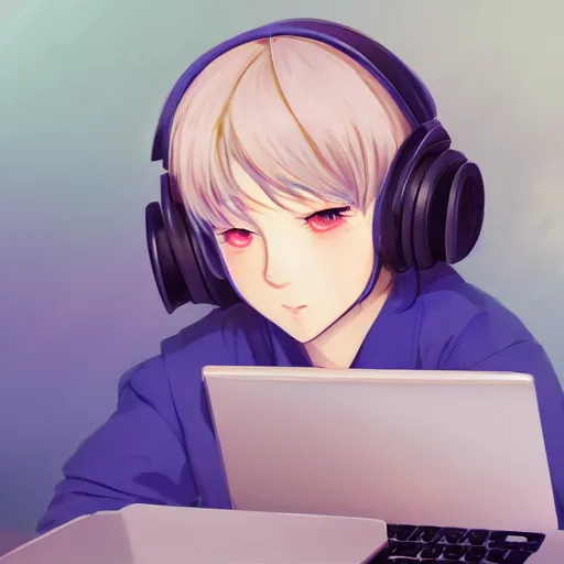 Prompt: a digital painting of a frowning beautiful anime girl with long silver hair with headphones and a face mask in coffeeshop working on her laptop, digital art, backlight, ilya kuvshinov, high detail, blue anime eyes