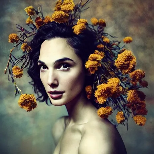 Image similar to fine art photo of the beauty gal gadot, she has a crown of dried flowers done by oleg oprisco
