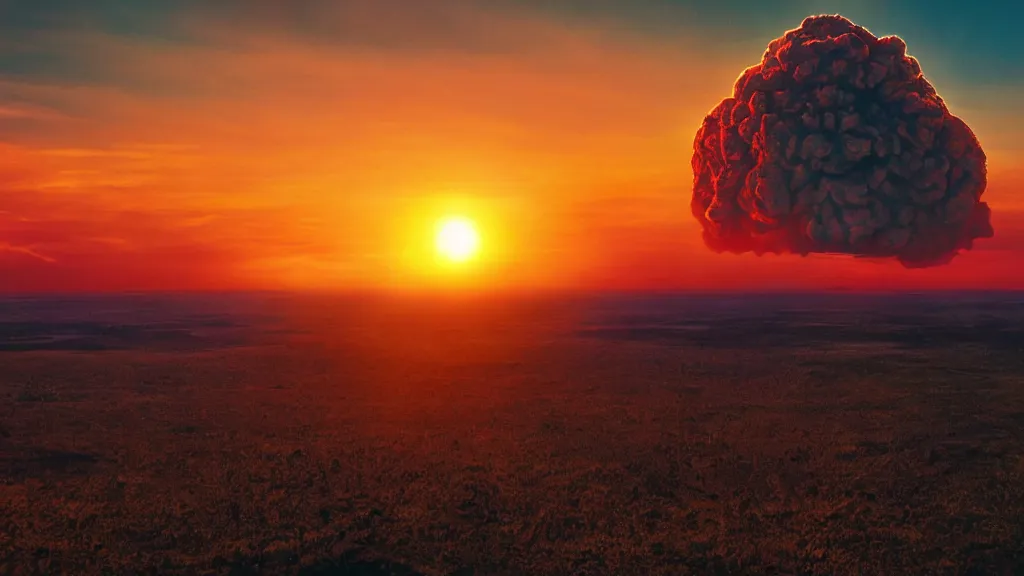 Prompt: movie still of a nuclear explosion, sunset, golden hour, dramatic