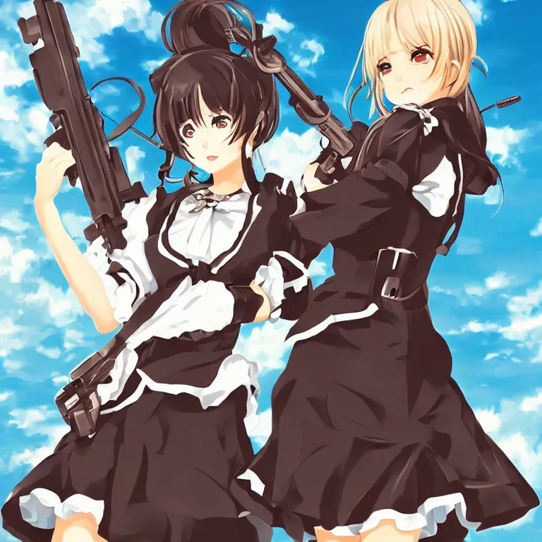 Image similar to beautiful illustration of anime maid holding machine gun, stunning and rich detail, pretty face and eyes, action pose