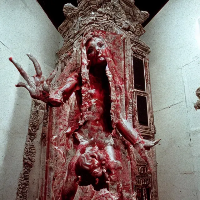 Prompt: temple made of flesh, blood temple, angel statue, 8 0's horror movie film still, award - winning photography, 1 2 0 mm