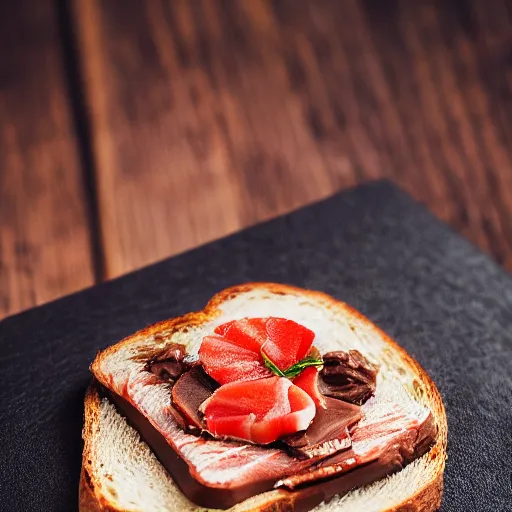 Prompt: toast with nutella and a entire raw fish, food photography, 5 0 mm f / 1. 6, bokeh, sigma lens, elegant