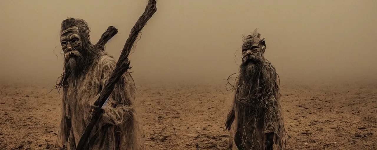 Image similar to full body shot of old asian man with long beard, his head covered in roots, full face occult silver mask, glowing eyes, holding a huge carved wooden dark fractal stick, thick smoke around him, in the burning soil desert, cinematic shot, wide angle, dark desert background, volumetric lighting by Denis Villeneuve, Lubezki, Gaspar Noe, Christopher Doyle and Alejandro Jodorowsky, anamorphic lens, anamorphic lens flares, kodakchrome, cinematic composition, practical effects, award winning photo, 8k