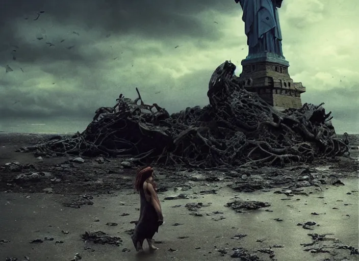 Image similar to a Photorealistic dramatic hyperrealistic render of a ruined destroyed decayed statue of liberty on a desolate beach in a post-apocalyptic world, futuristic nuclear apocalyptic planet of the apes vibe, by WLOP and Artgerm and Greg Rutkowski and Alphonse Mucha, Beautiful dynamic dramatic dark moody lighting, shadows, cinematic atmosphere, Artstation, concept design art, Octane render, 8K, masterpiece