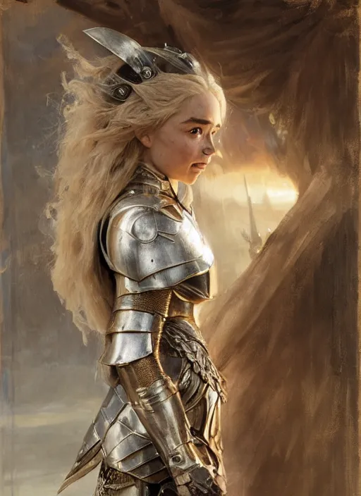 Image similar to short muscular blonde woman wearing realistic medieval armour, emilia clarke, detailed by gaston bussiere, bayard wu, greg rutkowski, giger, maxim verehin, greg rutkowski, masterpiece, sharp focus, cinematic lightning