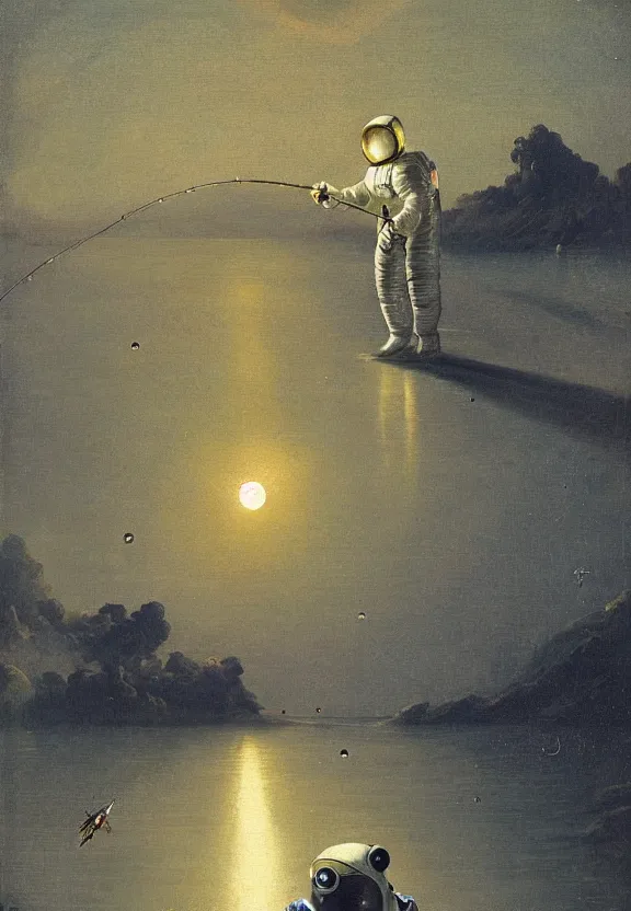 Image similar to astronaut in a spacesuit fishing and catching fish with a fishing rod from the crescent of the moon, realism, landscape