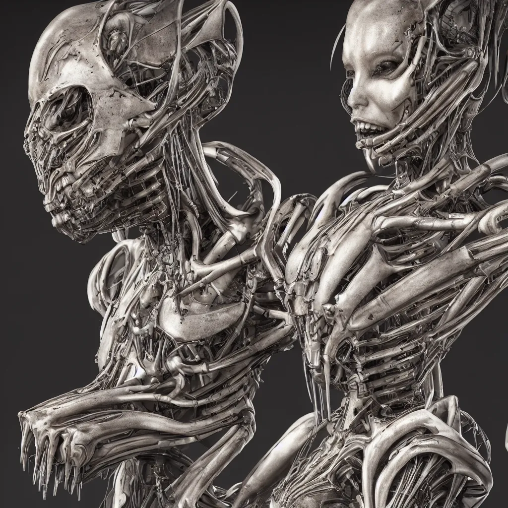 Image similar to a beautiful female is infected with a biomechanical suit, octane render, hyper realistic, art by hr giger, full profile, epic angle