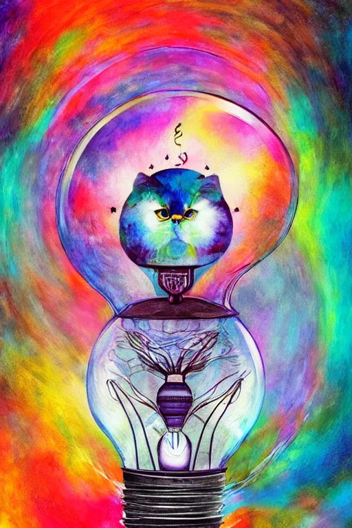 Image similar to portrait of an ethereal cat inside a light bulb, modern fine art, lithe, dreamscape, intricate, elegant, subsurface scattering, highly detailed, pop art painting, organic acrylic flow art, psychedelic surreal art, acrylic art, watercolor, featured on deviantart, cgsociety