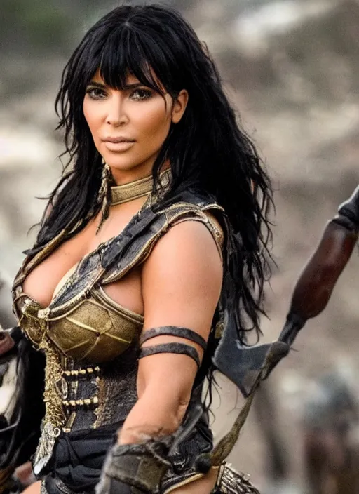 Prompt: movie still of kim kardashian as xena