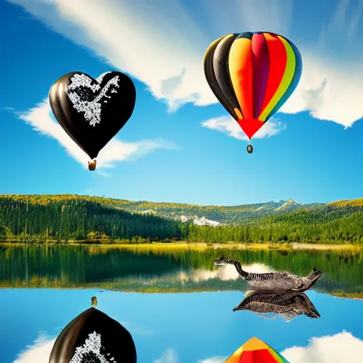 Image similar to photo of two black swans swimming in a beautiful reflective mountain lake, touching heads, forming a heart with their necks, a colorful hot air balloon is flying above the swans, hot air balloon, intricate, 8k highly professionally detailed, HDR, CGsociety