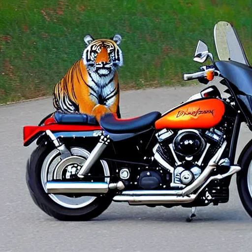 Image similar to tiger on a Harley Davidson on the road, funny picture