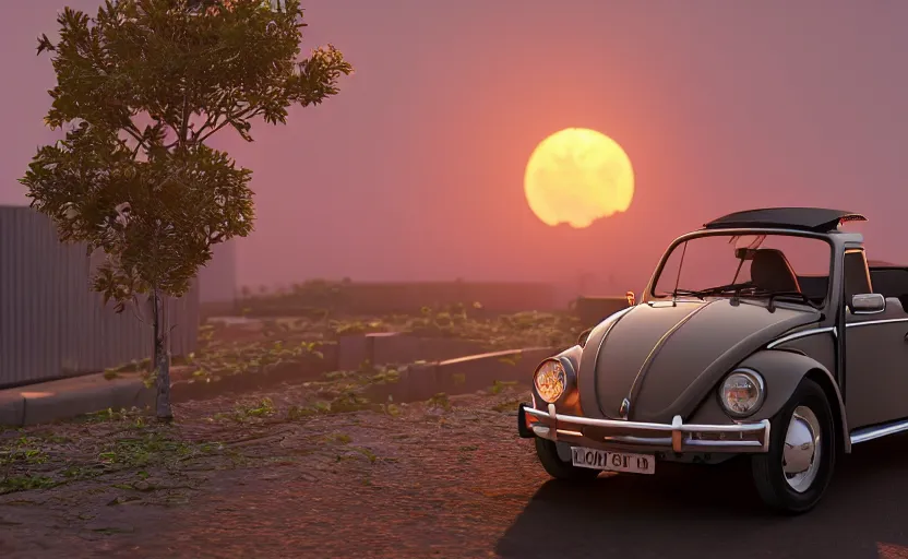 Image similar to a miniature of a VW Beetle on a bookshelf near a window at sunset, DOF, octane render, unreal engine 5, godrays, complementary colors, calm, symmetrical, highly detailed, high quality, 4k, beautiful, hyperrealistic