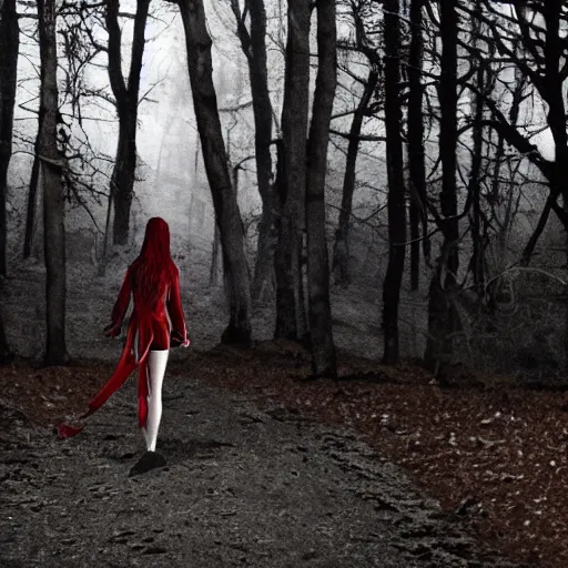 Image similar to blood soaked skinwalker, lanky, skinny, pale skin, snow, forest, dark, horrifying