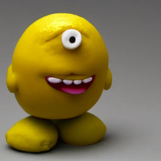 Prompt: a lemon character, made of clay, claymation, yellow blob
