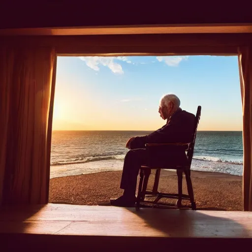 Image similar to A very old man, sitting in a chair in front of a window, looking out at a beautiful sunset award winning photograph