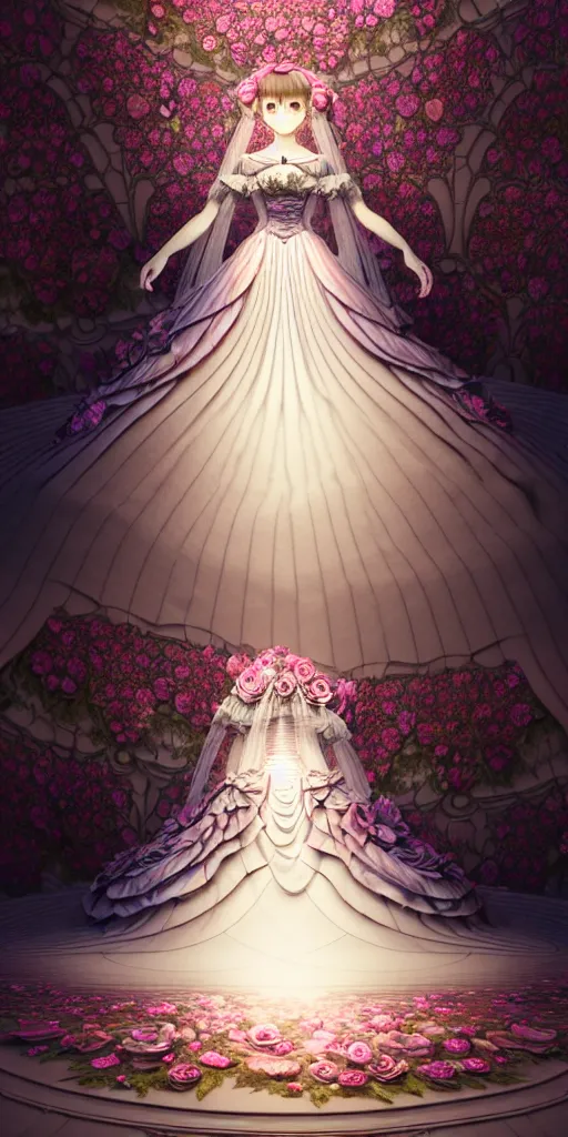 Image similar to the beautiful hyperdetailed physical rendering of a single rose flower wedding gothic lolita dress clothing design display in show in front of your eyes, perfectly shaded, atmospheric lighting, in the style of makoto shinkai, raphael lacoste louis comfort tiffany, stanley artgerm lau, wlop, rossdraws, 8 k hd, fine texture structure, 3 drender,