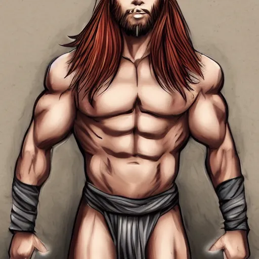 Image similar to well built man, rusty colored long hair, anime, high details,