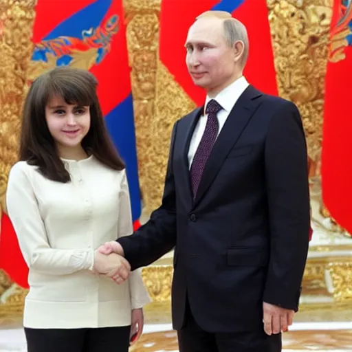 Image similar to putin teams up with a teenage putin, perfect faces