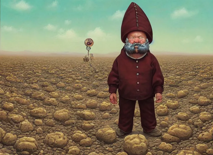 Image similar to a forgotten garden gnome in a vast barren desert, hopeless wasteland background with a relentless raging sun overhead, an ultrafine detailed painting by mark ryden, trending on deviantart, pop surrealism, whimsical, lowbrow, perfect symmetrical face