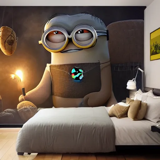 Image similar to a cozy bedroom interior with wall murals of giant minions, detailed, high resolution, wow!, intricate, volumetric lighting, raytracing