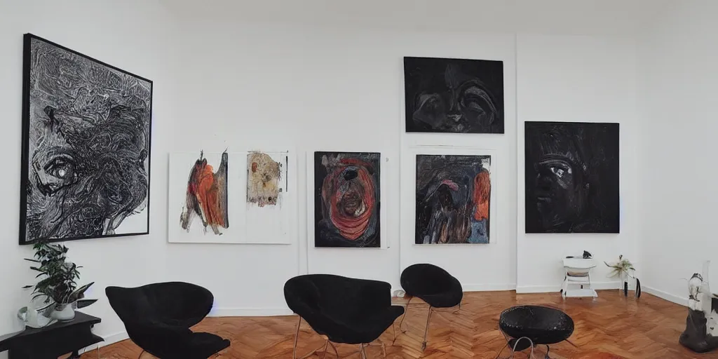 Prompt: “art in an Australian art dealer’s apartment, black walls, organic, female forms, national Art School MFA, Eora, Gadigal, sacred feminine, lesbian, womanhood”