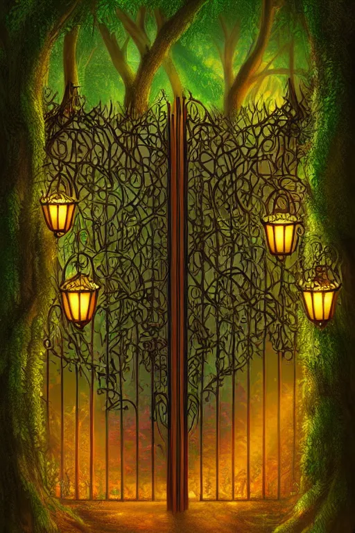 Image similar to a beautiful digital illustration painting of a detailed gothic fantasy fireflies forest trees and iron gate vines by lisa frank, james gurney, 8 k resolution trending on artstation concept art digital illustration