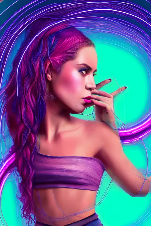 Image similar to a award winning half body portrait of a beautiful woman with stunning eyes in a croptop and cargo pants with ombre purple pink teal hairstyle and hands in pockets by thomas danthony, surrounded by whirling illuminated lines, outrun, vaporware, shaded flat illustration, digital art, trending on artstation, highly detailed, fine detail, intricate