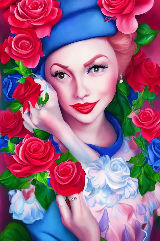 Prompt: beautiful digital painting of I Love Lucy and blue roses and rubies, by Georgia O\'Keeffe, Carmelo Blandino, Cyril Rolando, artstation, Behance, 4K,