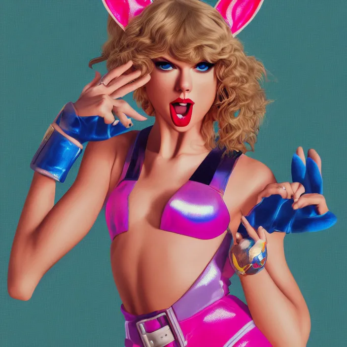 Image similar to portrait of Taylor Swift as Lola Bunny in Space Jam 1996. bunny ears. intricate abstract. intricate artwork. by Tooth Wu, wlop, beeple, dan mumford. octane render, trending on artstation, greg rutkowski very coherent symmetrical artwork. cinematic, hyper realism, high detail, octane render, 8k, iridescent accents