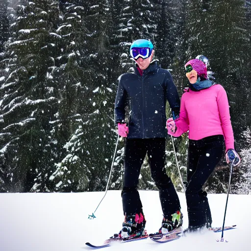 Image similar to happy couple skiing, snowfall, beautiful lighting, 4k