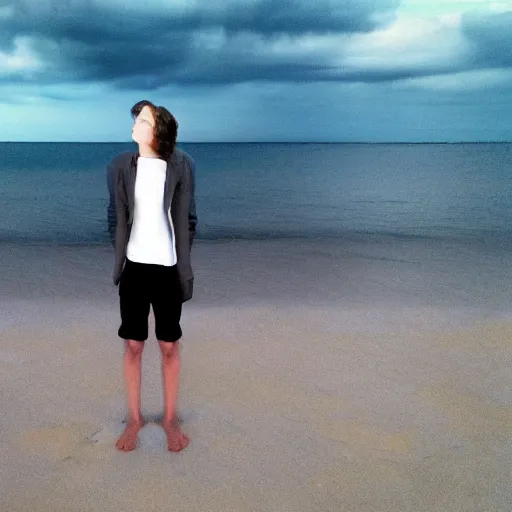 Prompt: young adult's head evaporizing, standing sideways in front of a rough sea, trippy sky