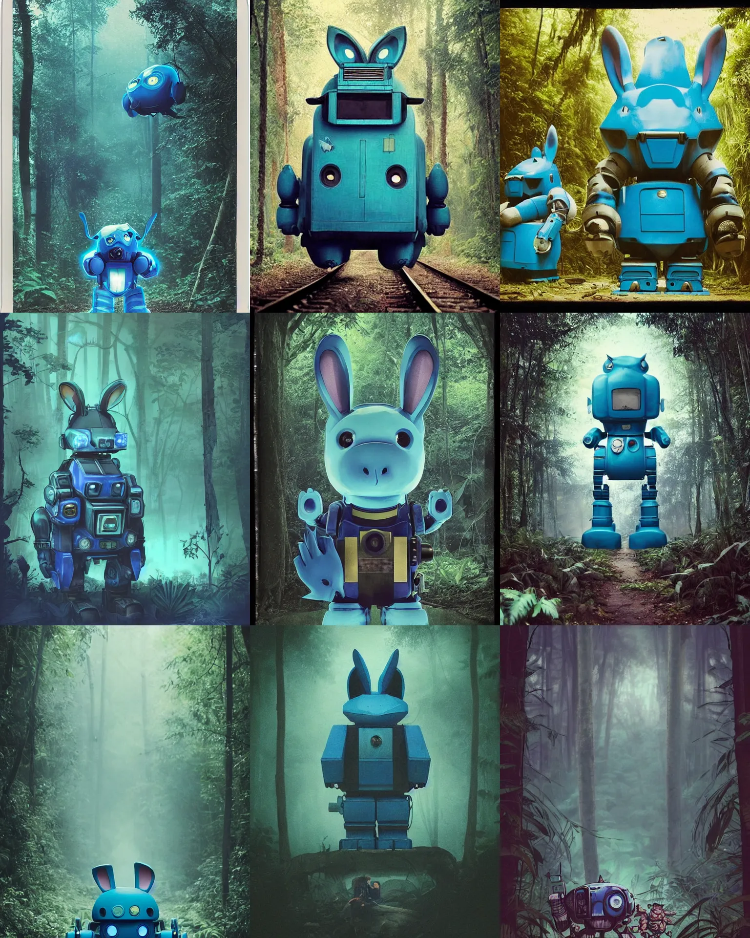 Prompt: dark night blue cyan !!!giant oversized battle rabbit robot chubby fat mech with big ears as double decker train , in jungle forest !!! , full body , nighttime, Cinematic focus, Polaroid photo, vintage , neutral dull colors, foggy ,by oleg oprisco , by victor enrich , by gregory crewdson , by discovery channel