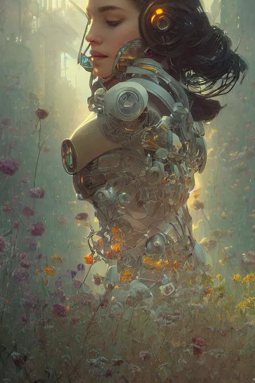 Image similar to ultra realistic, robot broken woman lying flower garden, cyberpunk, sci - fi, fantasy, intricate, elegant, highly detailed, digital painting, artstation, concept art, smooth, sharp focus, illustration, art by artgerm and greg rutkowski and alphonse mucha