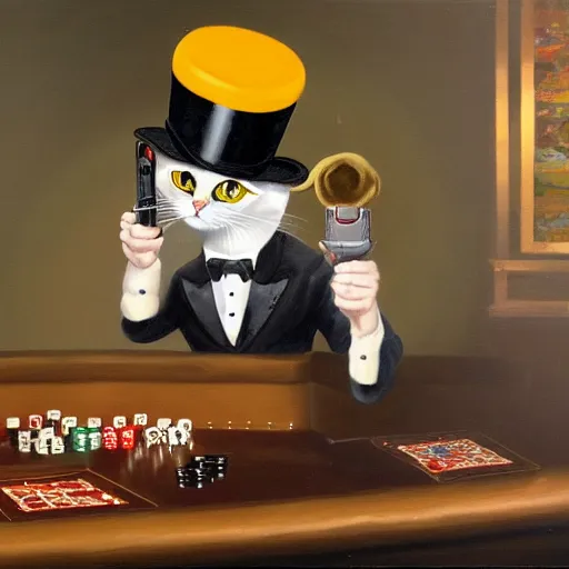 Image similar to a male cat wearing a tophat and suit, smoking a cigar, wielding a gun and pointing it at the camera, inside a casino, surrounded by female cats, oil painting, 4k